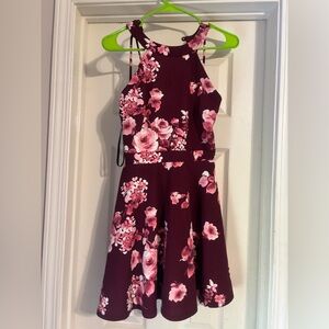 Womens Burgundy Floral Halter Dress with Pink Rose Print (small stain shown)
